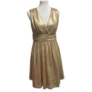 Eva Mendes NY & Co. Gold Sequins v-neck formal dress. Party prom fancy short